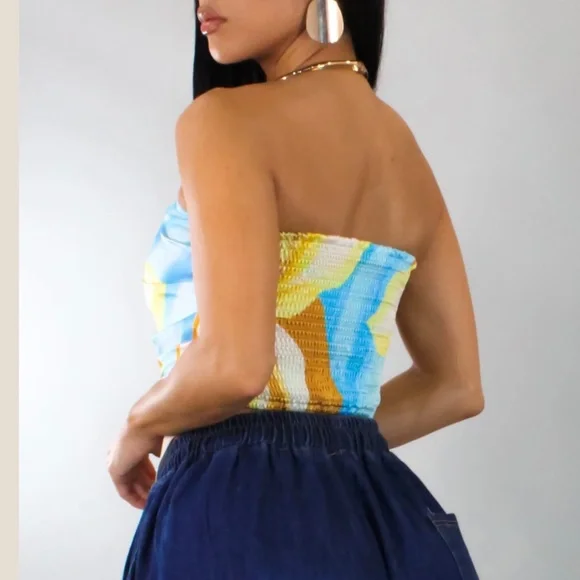 STRAPLESS ABSTRACT SATIN EFFECT SCARF TOP - Picture 5 of 13